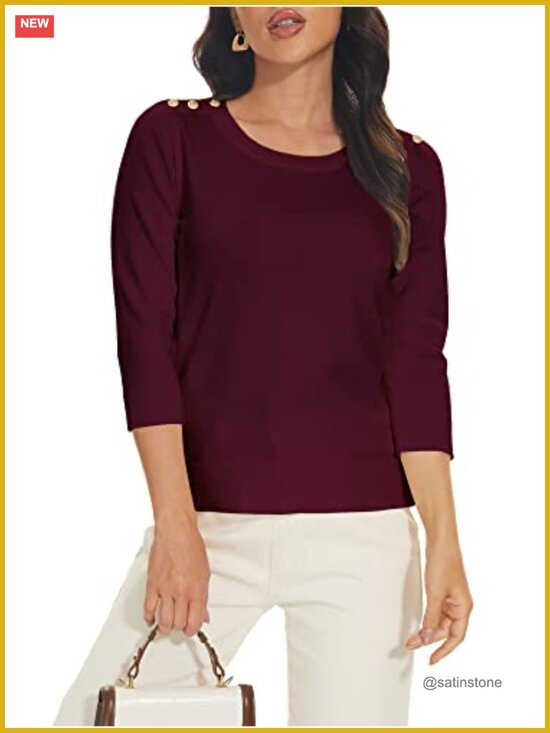 Sweaters - Women's 3/4 Sleeve Crewneck Sweater with Shoulder Buttons - Lightweight